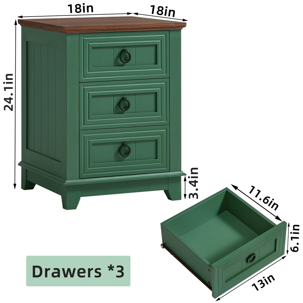 Green 3-drawer nightstand cabinet with metal ring pulls and recessed panel doors