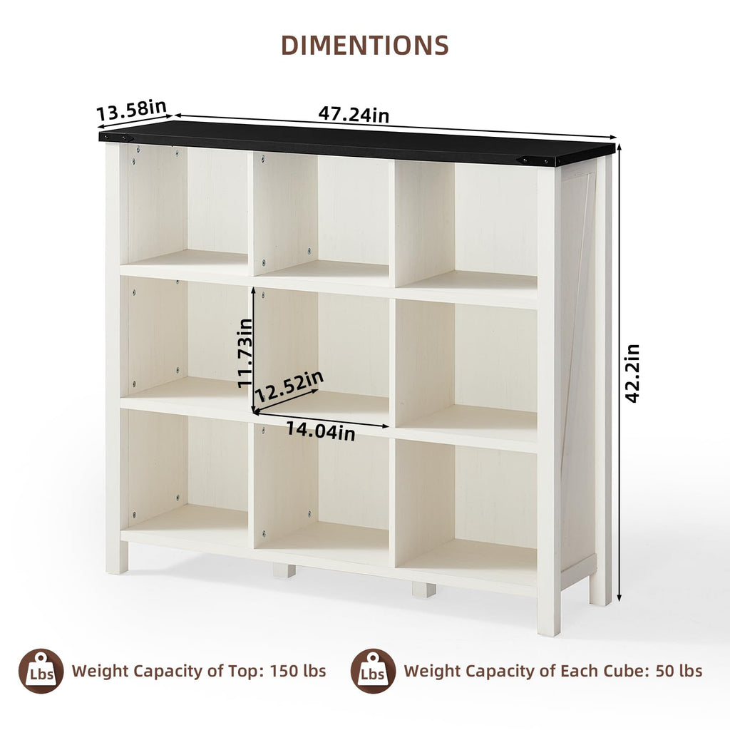 White bookcase console with open compartments, black top, and side legs; size diagram