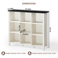 White bookcase console with open compartments, black top, and side legs; size diagram