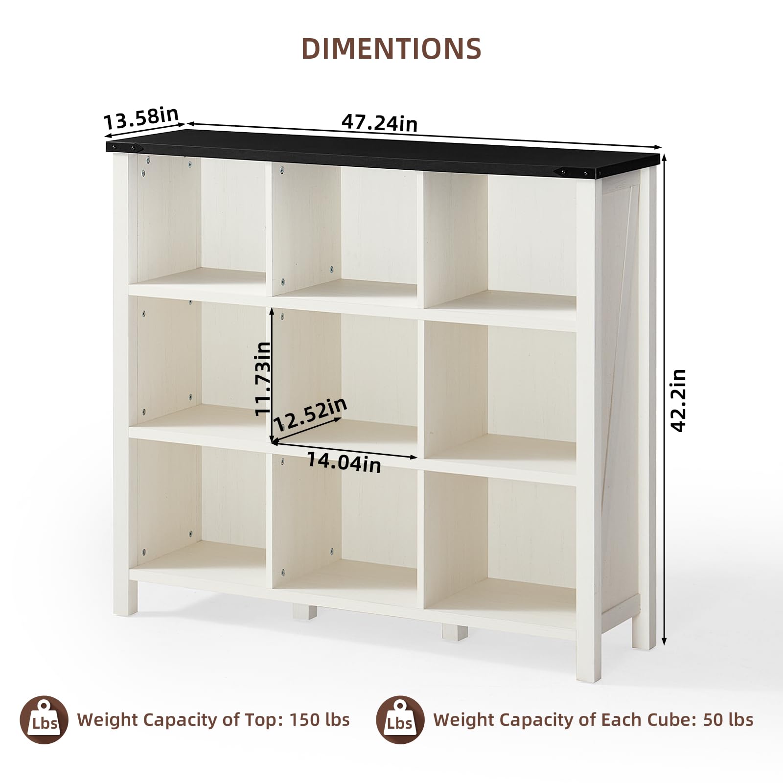 White bookcase console with open compartments, black top, and side legs; size diagram