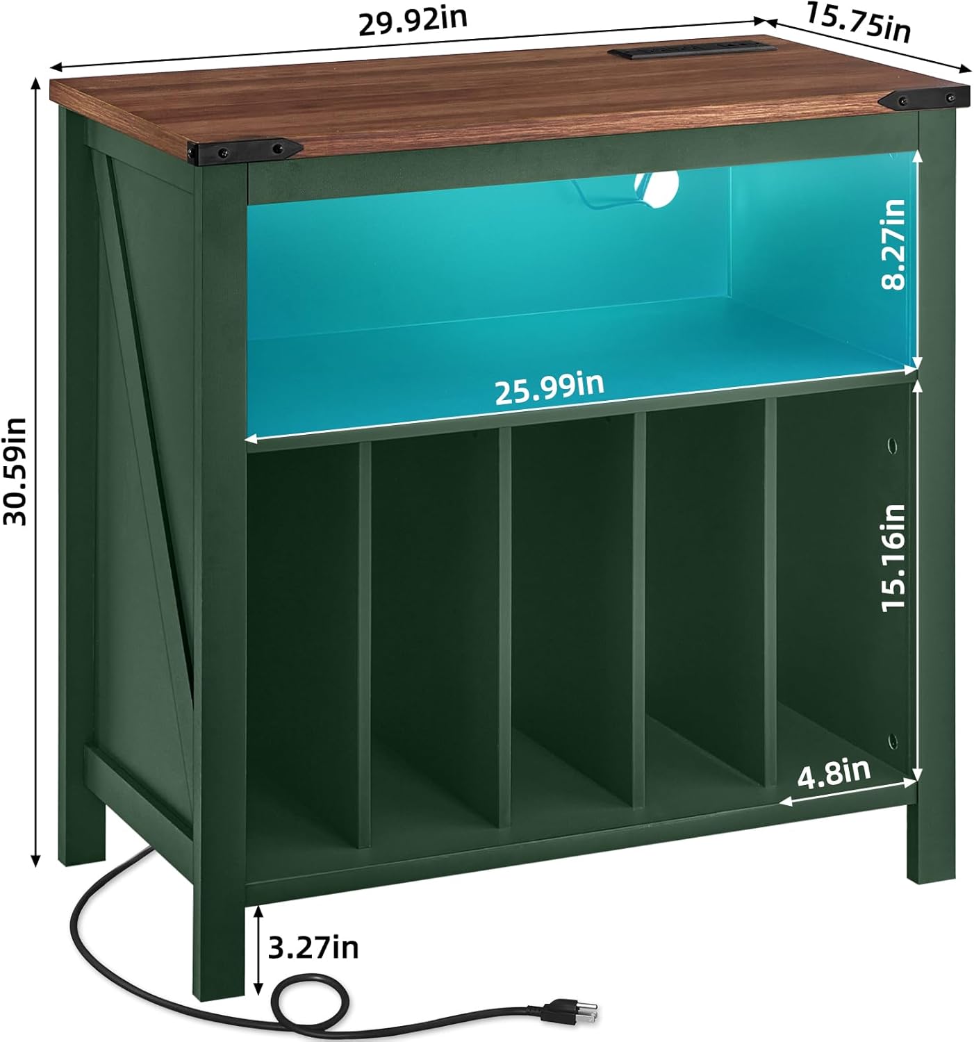 Large Record Player Table with Charging Station & LED Lights, Green Vinyl Record Storage Cabinet Holds up to 230 Albums, Turntable Stand with Display Shelf for Music Room Bedroom Living Room