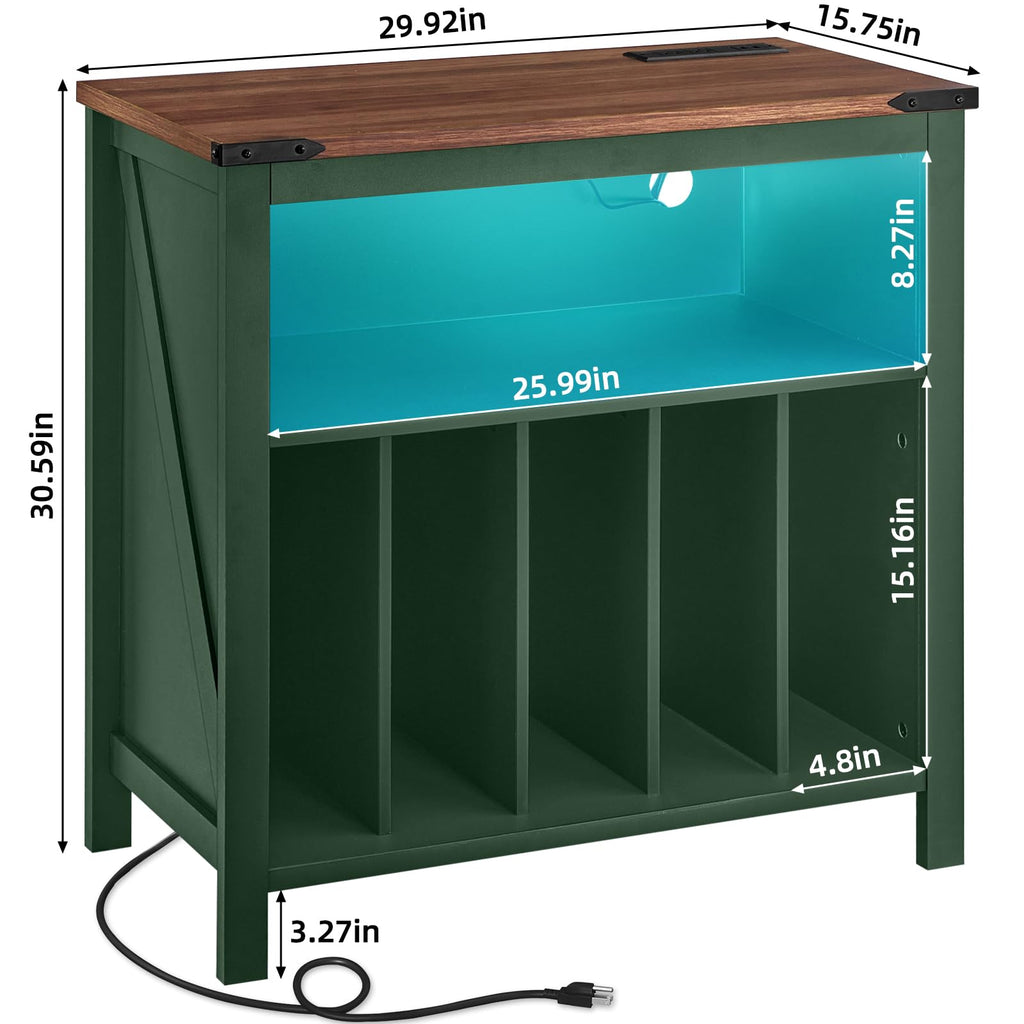 Green record player stand cabinet with built-in shelves; LED light and size measurements.