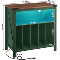 Dark green record player stand with open compartments for vinyl record storage