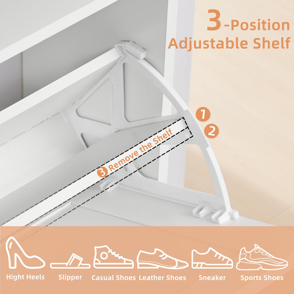 White shoe cabinet open with flip drawer shelf and adjustable supports