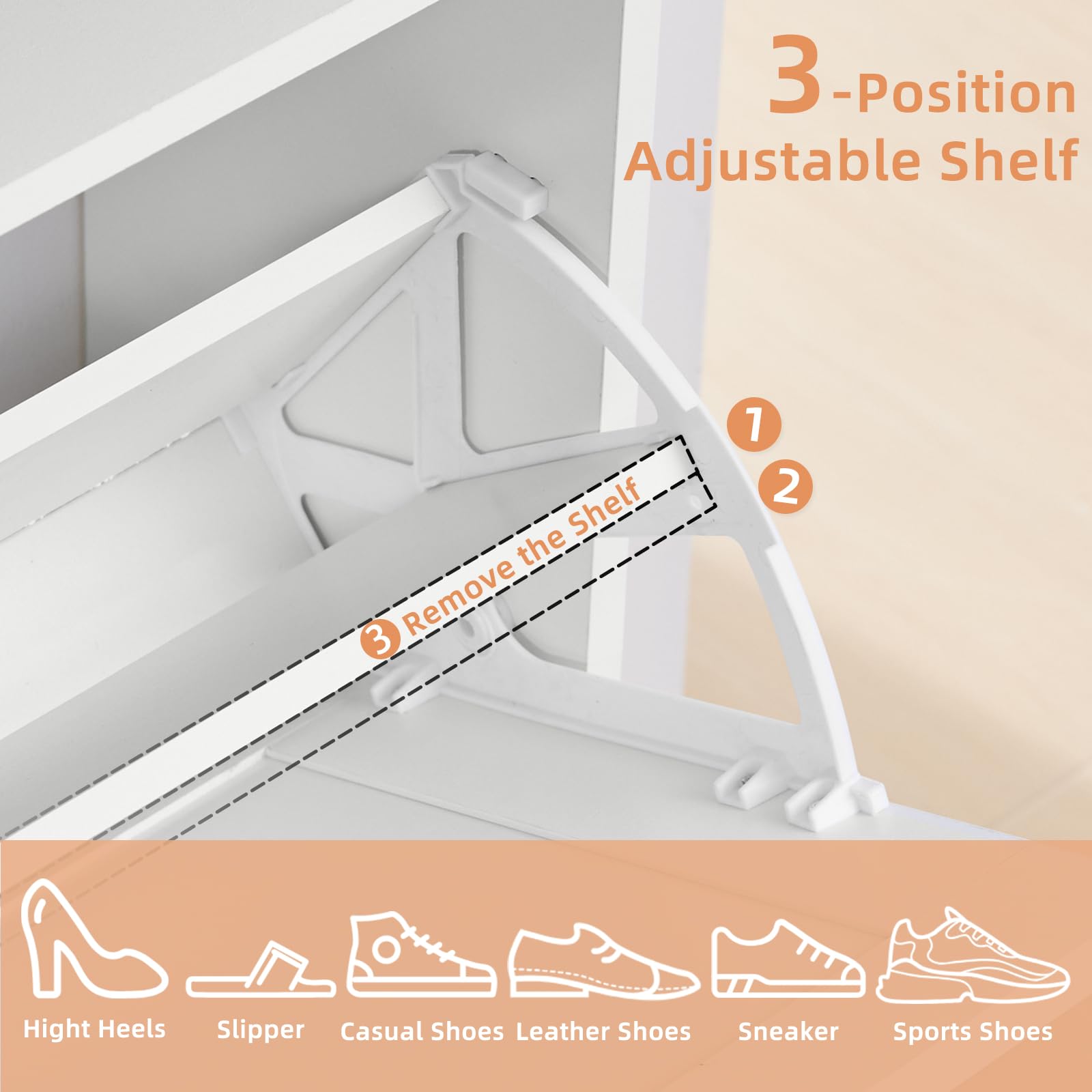 White shoe cabinet open with flip drawer shelf and adjustable supports