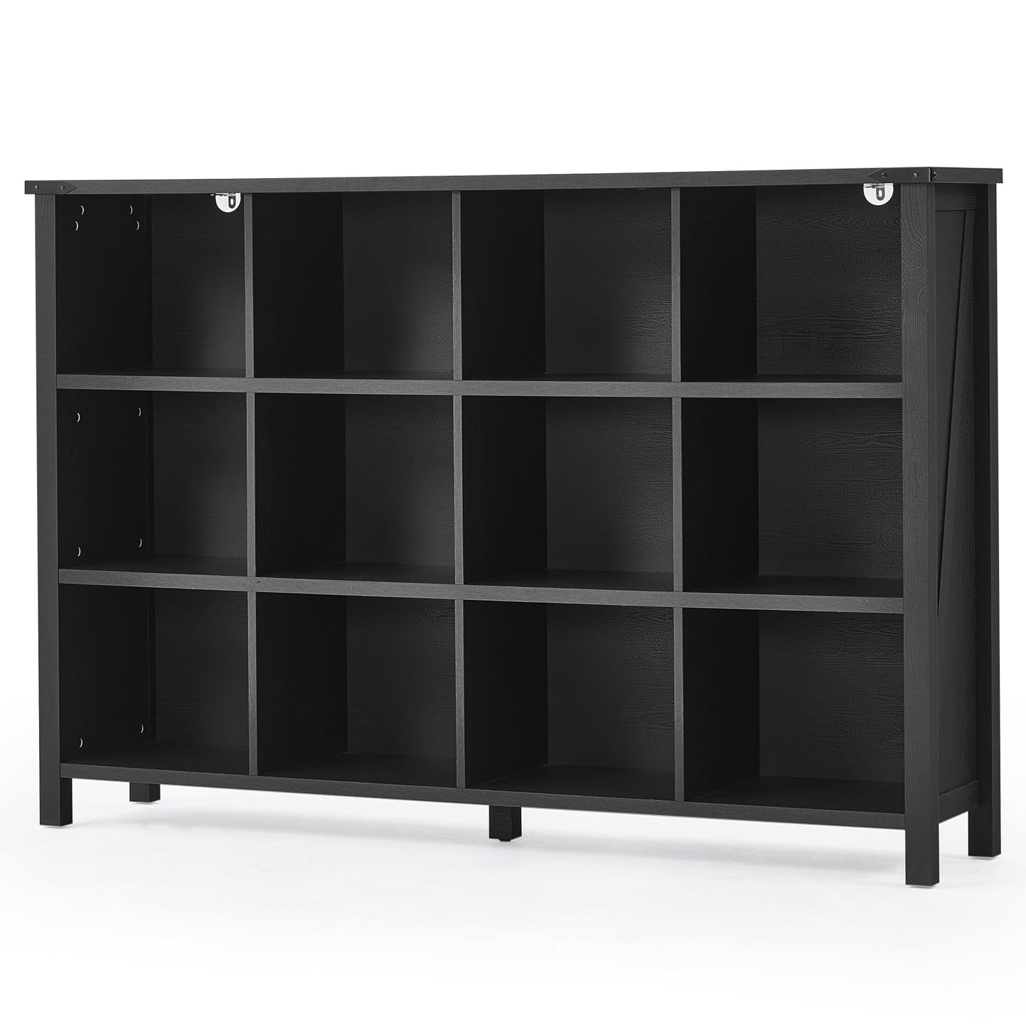 Black rectangular bookcase with open cubbies and four short legs
