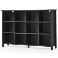 Black rectangular bookcase with open cubbies and four short legs
