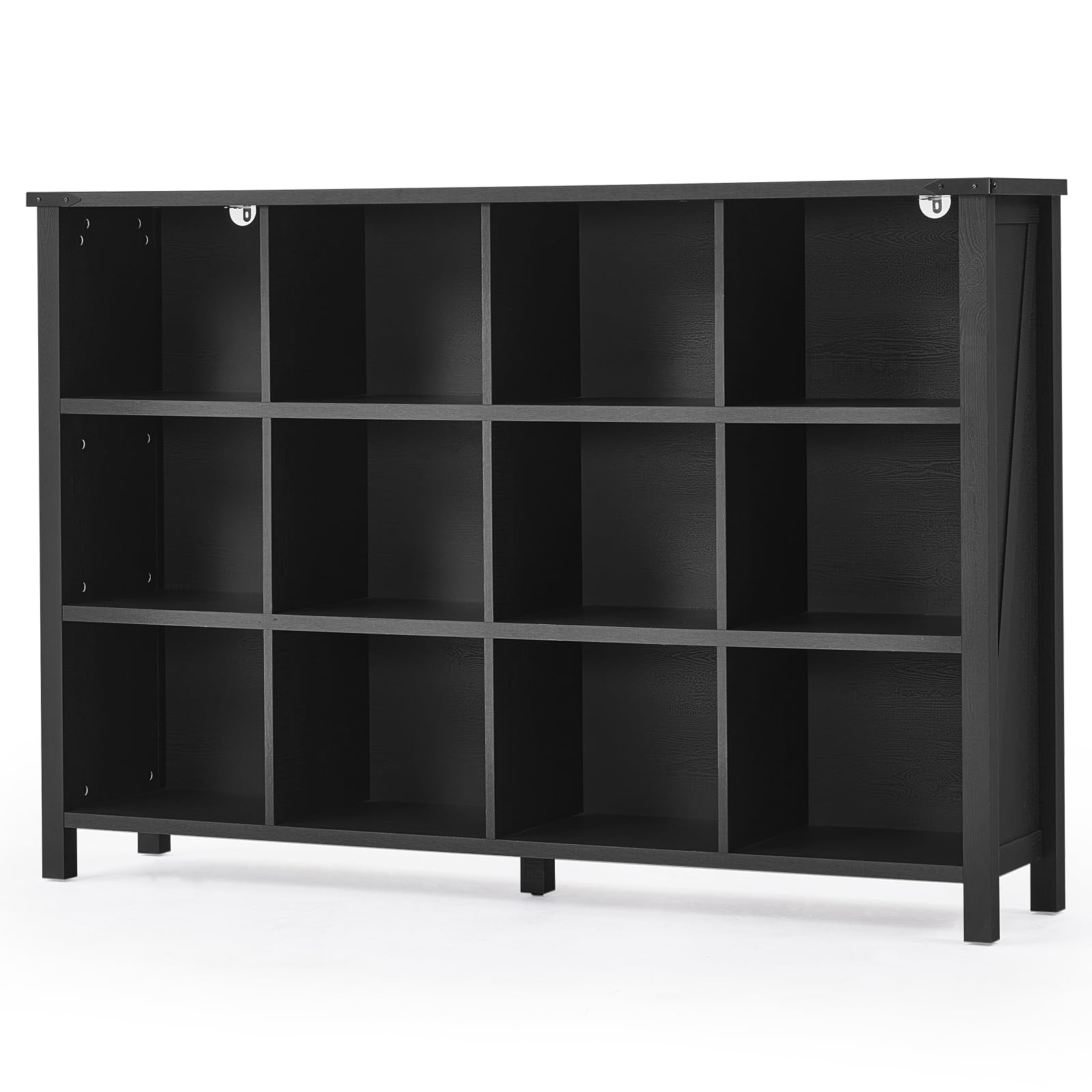 Black rectangular bookcase with open cubbies and four short legs