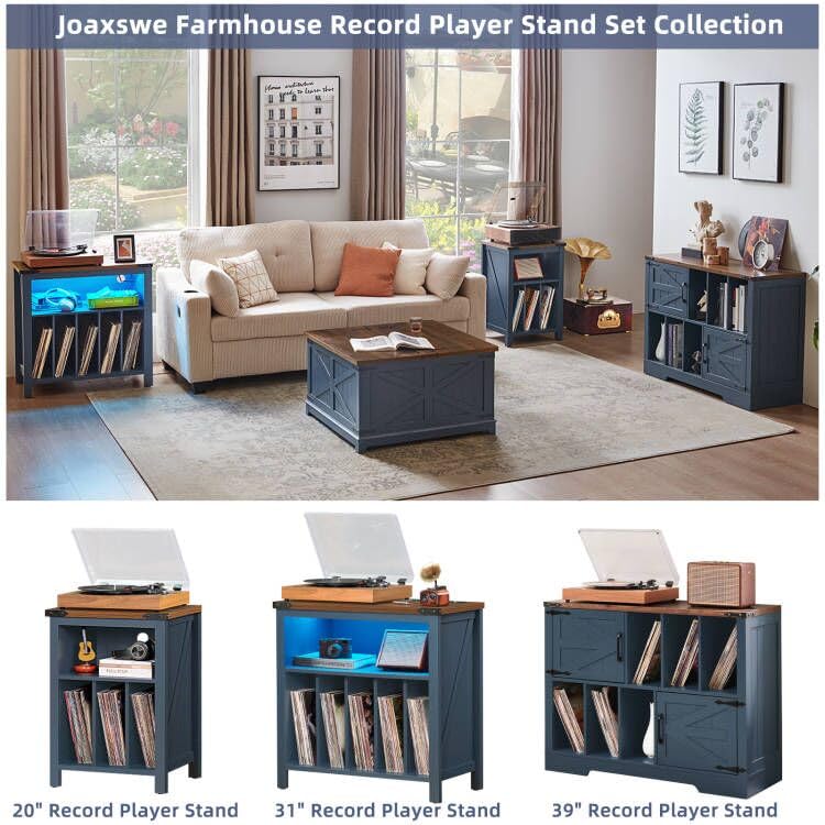 Brown record player stand with blue LED base shelf and vinyl record storage cabinet