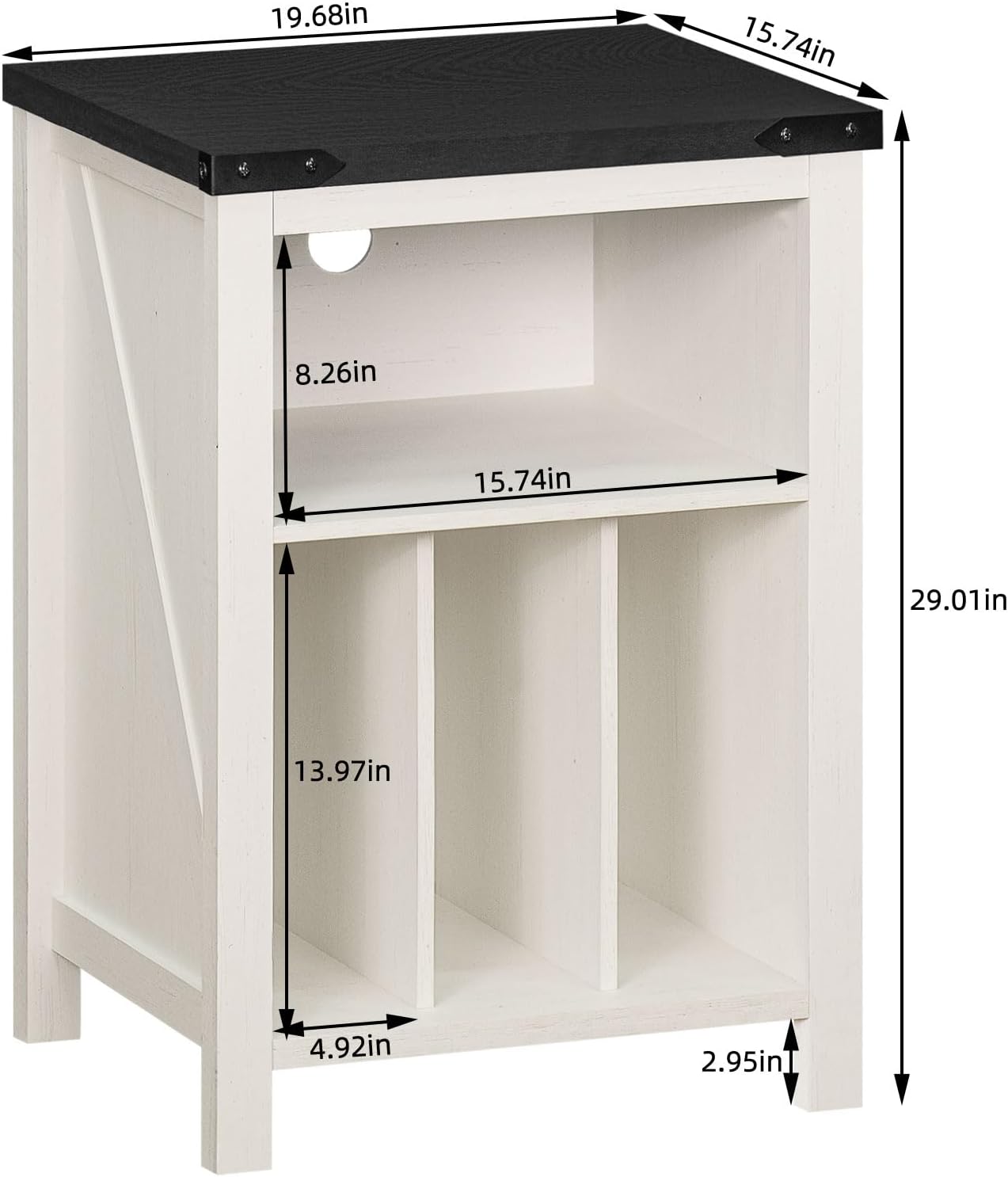 Record player stand dimension diagram with shelf and open area measurements