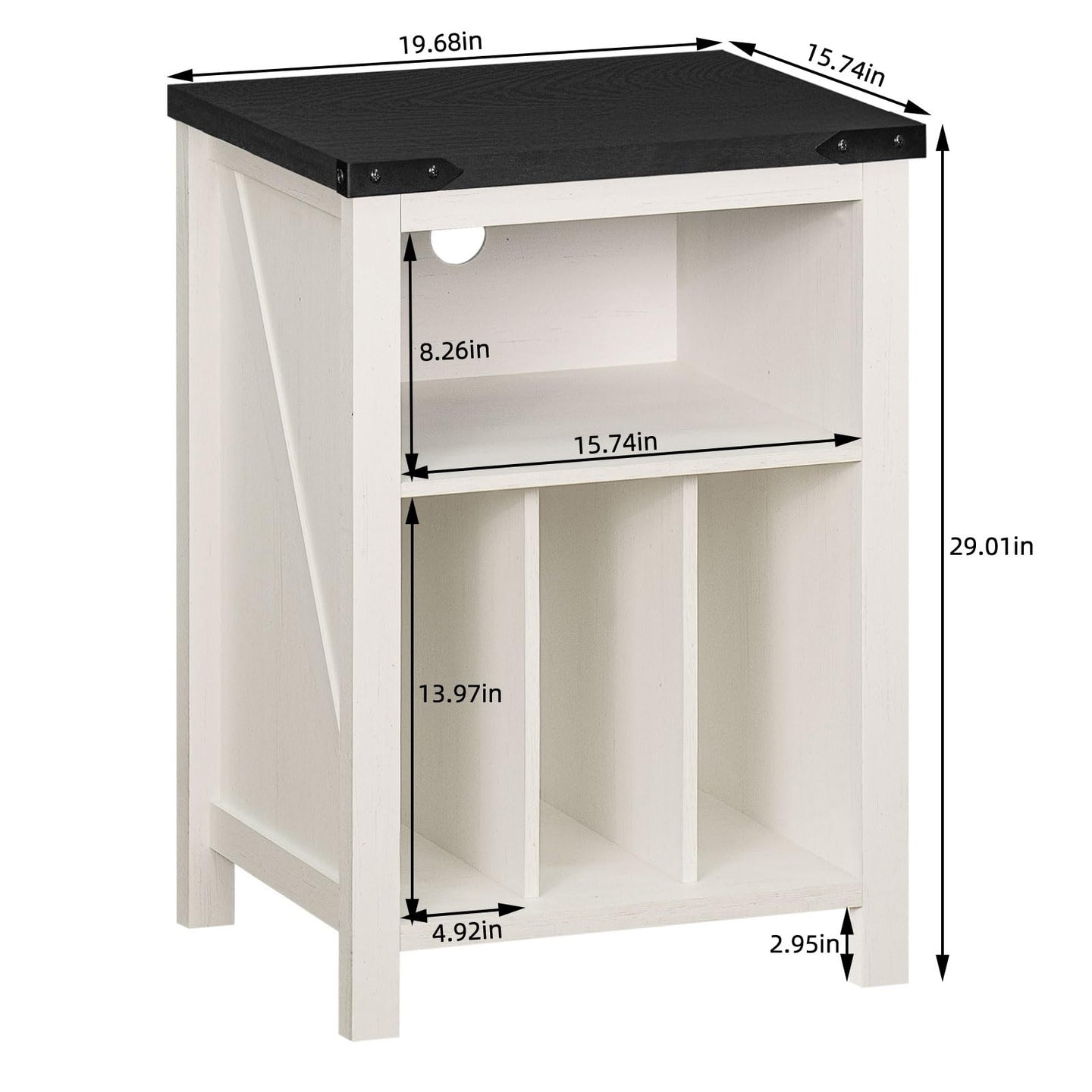 Record player stand cabinet with open shelving, side view with labeled dimensions