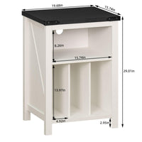 Record player stand cabinet with open shelving, side view with labeled dimensions