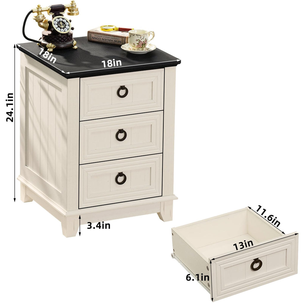 White farmhouse coffee table console with black top, three drawers, and hinged cover
