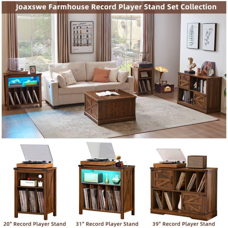 Wood record player stand with open cabinet shelves for vinyl records, shown in 3 sizes