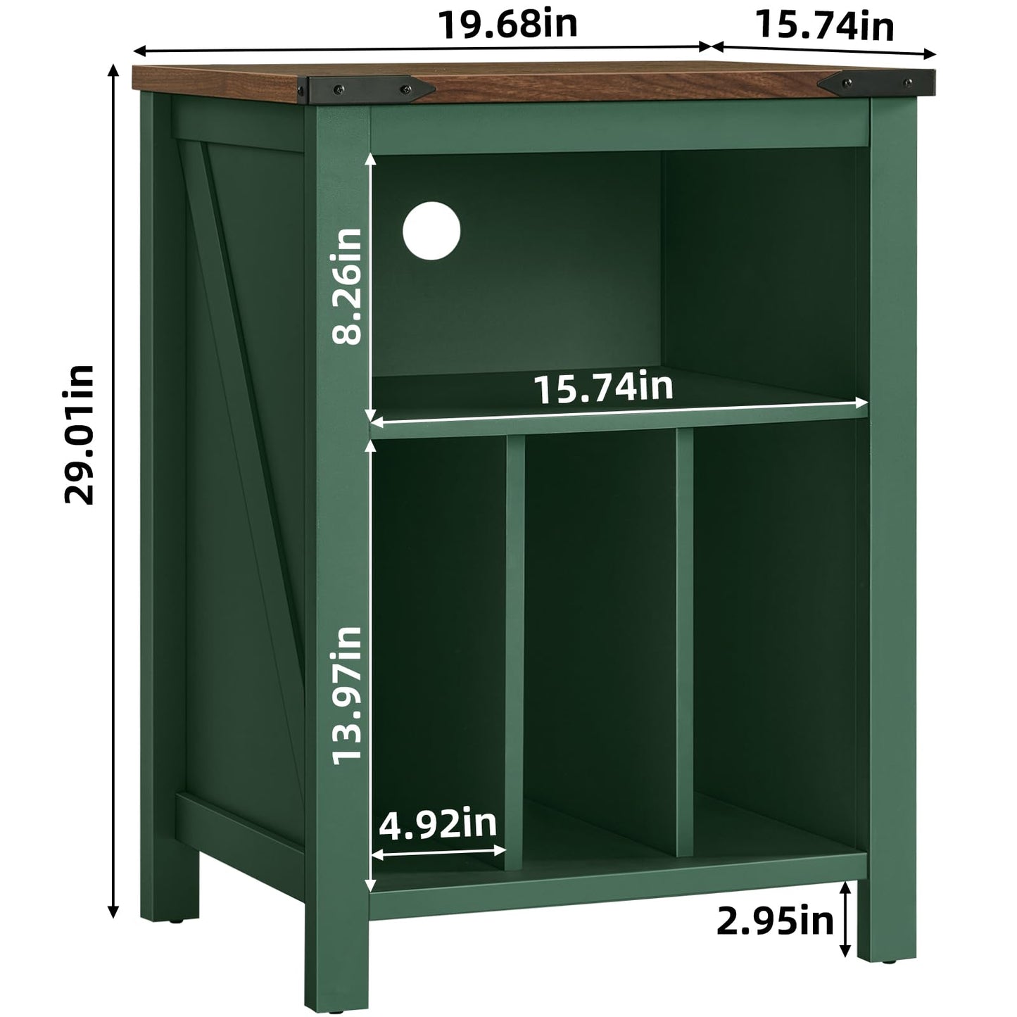Record player stand with green cabinet and open shelf for vinyl records, size diagram