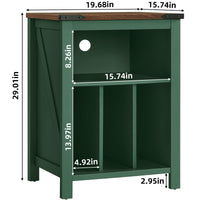 Record player stand with green cabinet and open shelf for vinyl records, size diagram