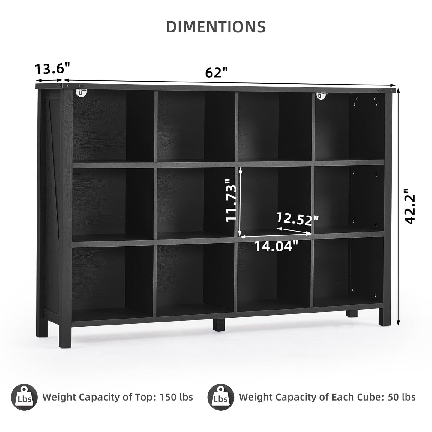 Black low bookcase with open grid cubbies and side legs, shown against a white background