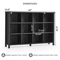 Black low bookcase with open grid cubbies and side legs, shown against a white background