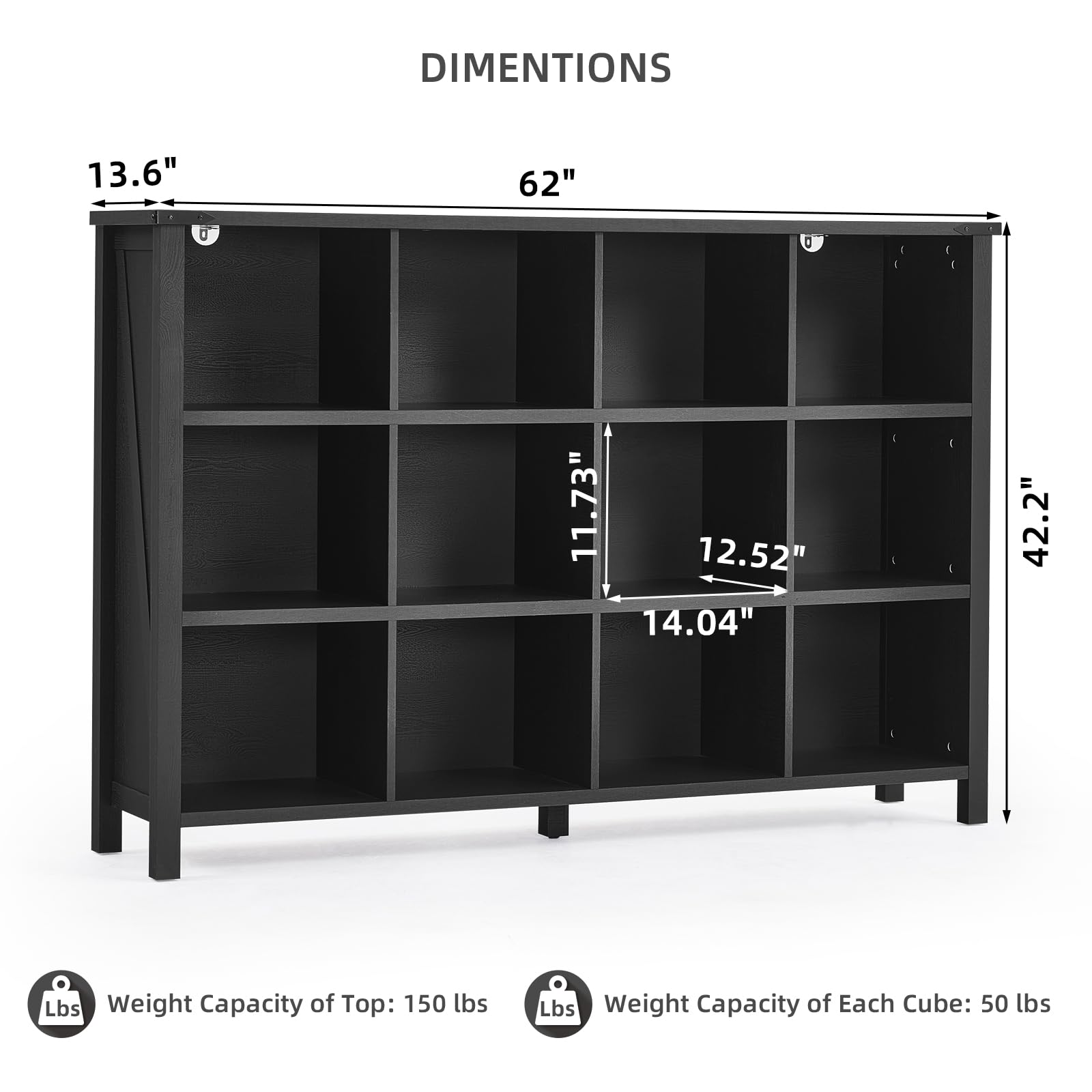 Black low bookcase with open grid cubbies and side legs, shown against a white background