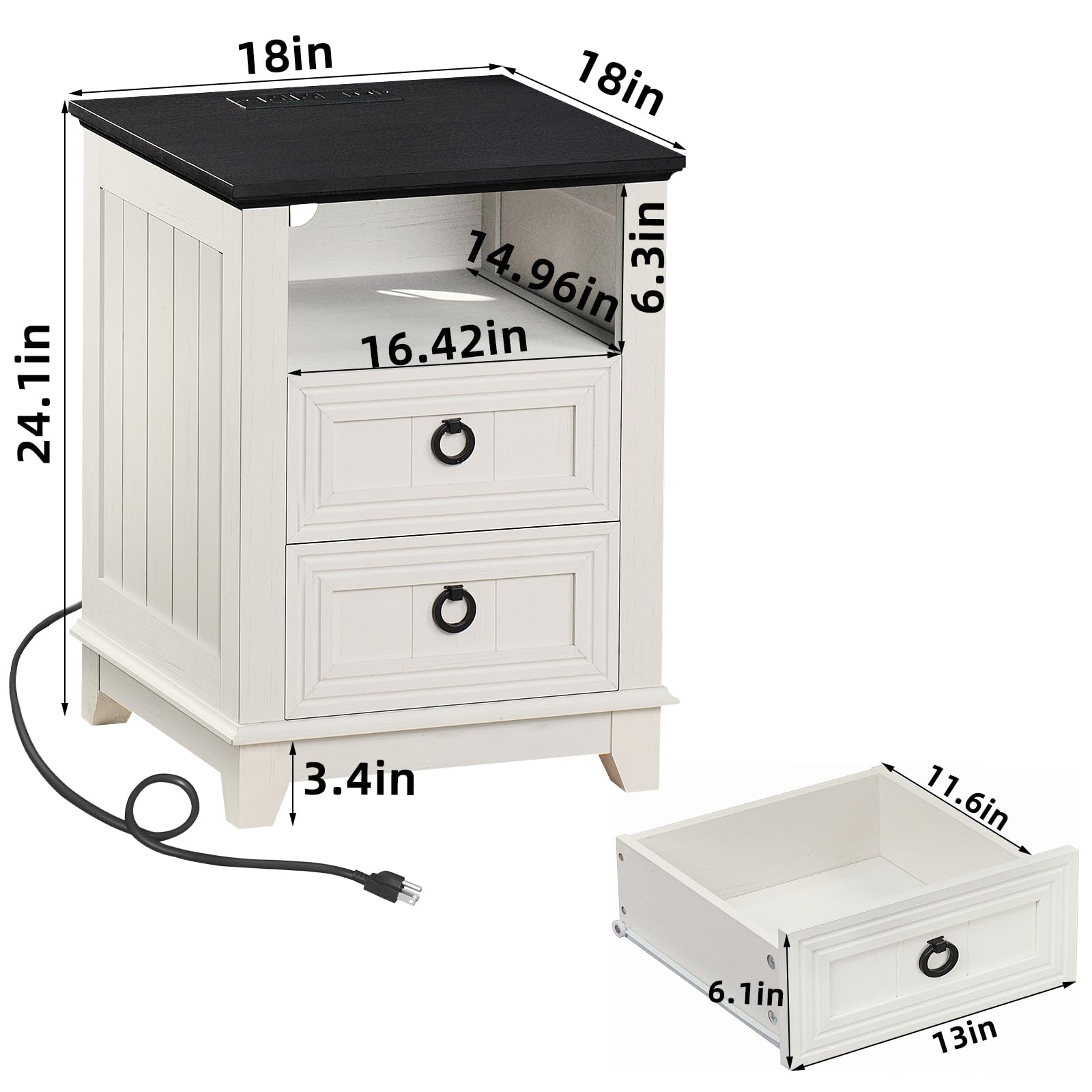 White nightstand cabinet with black top, two drawers, and side power cord