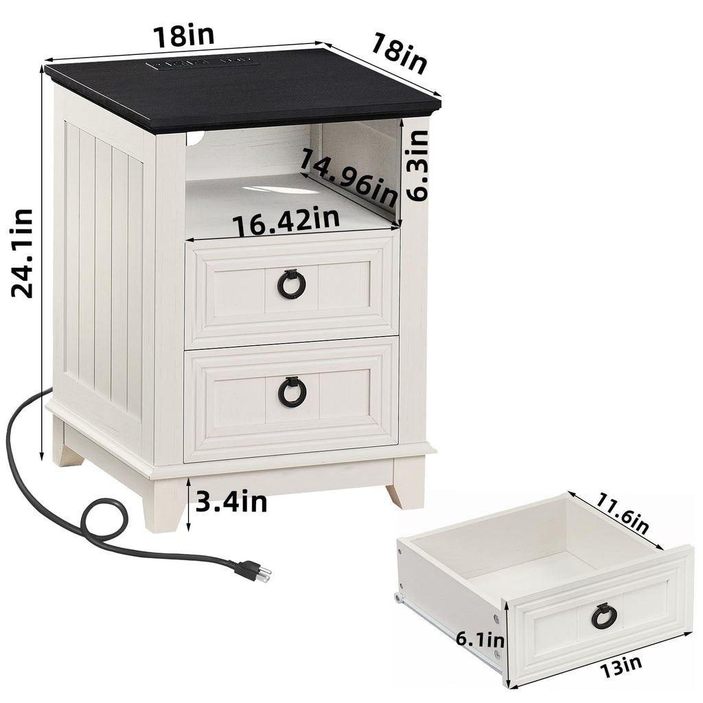 White farmhouse nightstand with hidden storage tray and charging cable, two-drawer cabinet