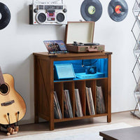 Brown wood record player stand with open lid and vinyl record storage shelf