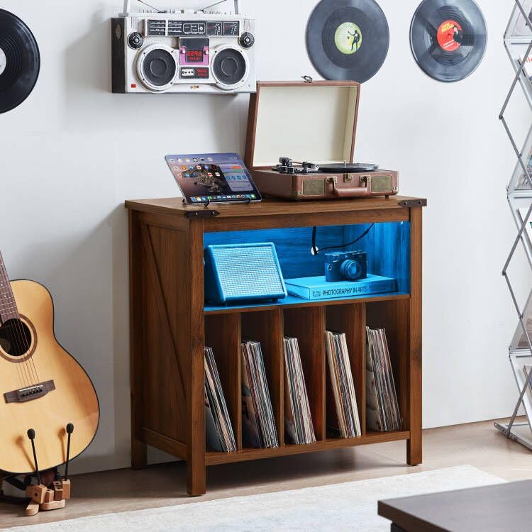 Brown record player stand with blue LED interior and front vinyl record storage