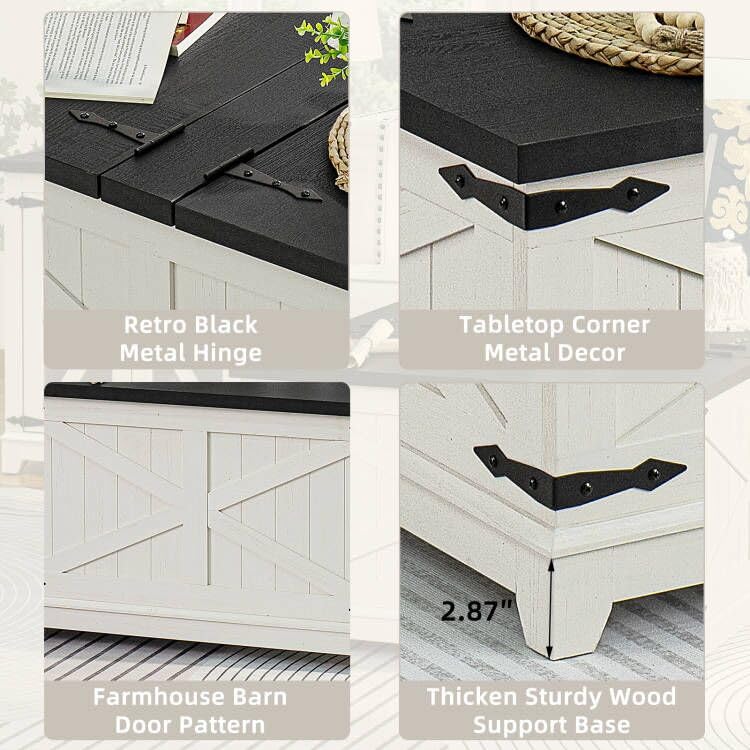 Square coffee table corner detail showing metal hinge plates and wood support base, white frame