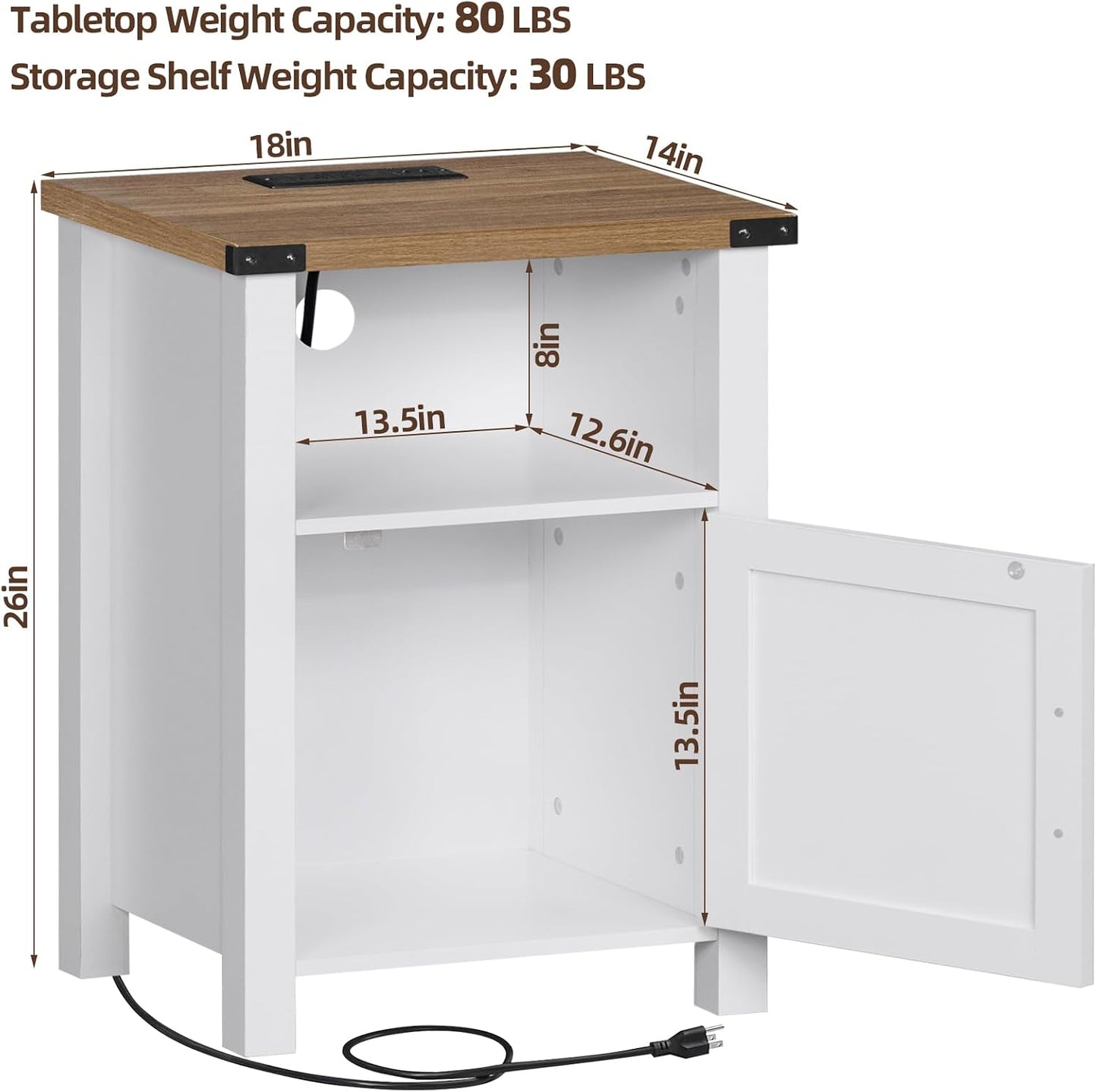 Joaxswe 18-Inch Nightstand with Charging Station and Fluted Door,Dark Blue | 18-inch bedside table with AC and USB charging, open storage and a magnetic fluted door for bedroom essentials
