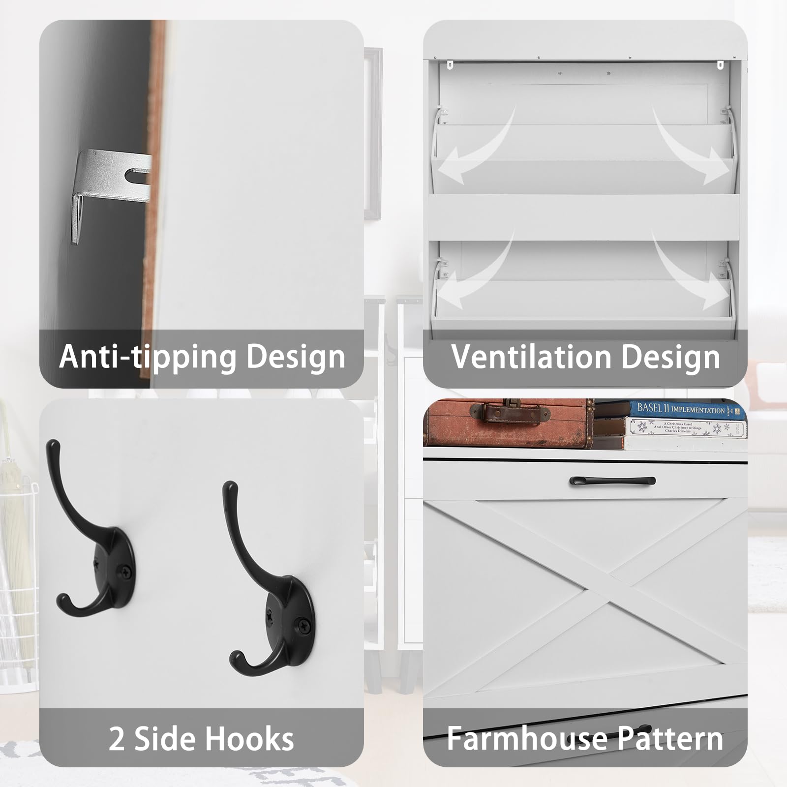 White shoe cabinet open with ventilation panels and two side hooks