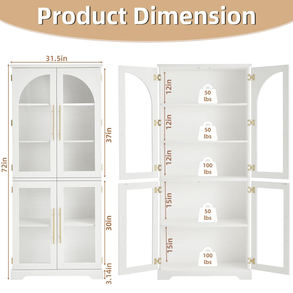 White tall bookshelf dimension view with open doors, adjustable shelves, and weight rating labels