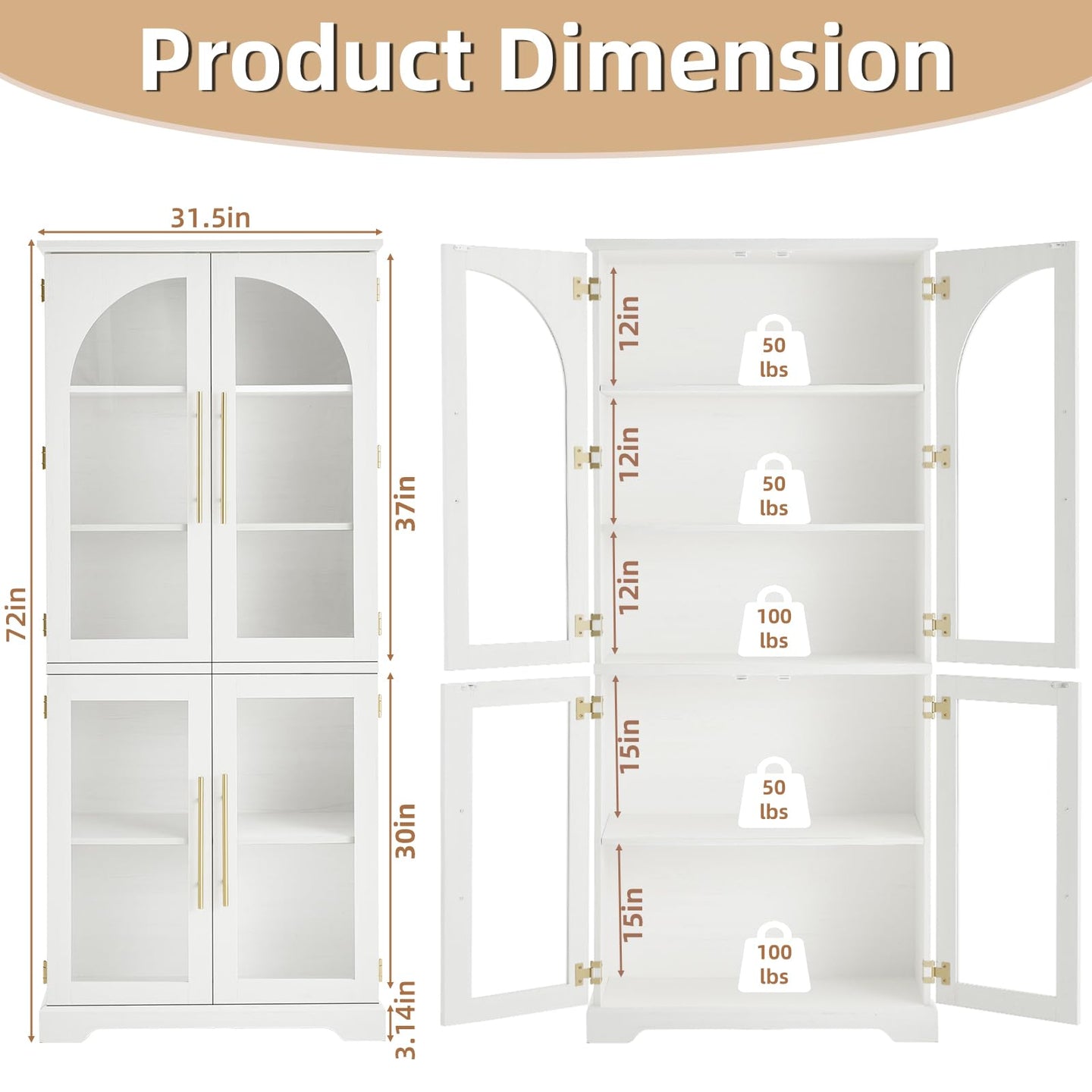White tall bookshelf dimension view with open doors, adjustable shelves, and weight rating labels