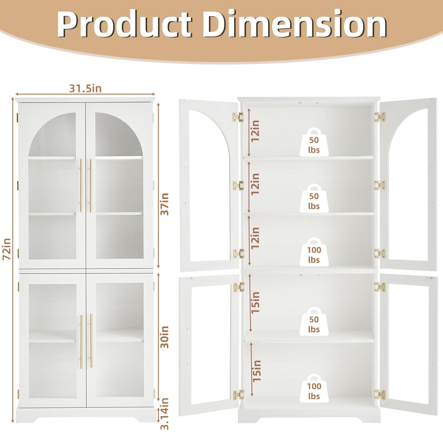 White tall bookshelf dimension view with open doors, adjustable shelves, and weight rating labels