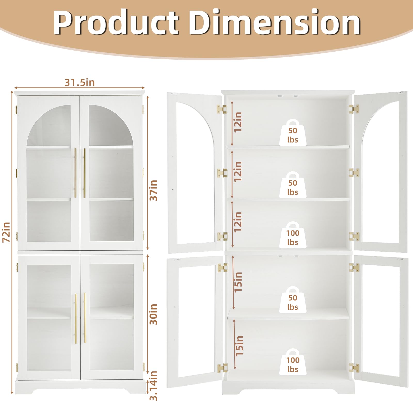 White tall bookshelf dimension view with open doors, adjustable shelves, and weight rating labels