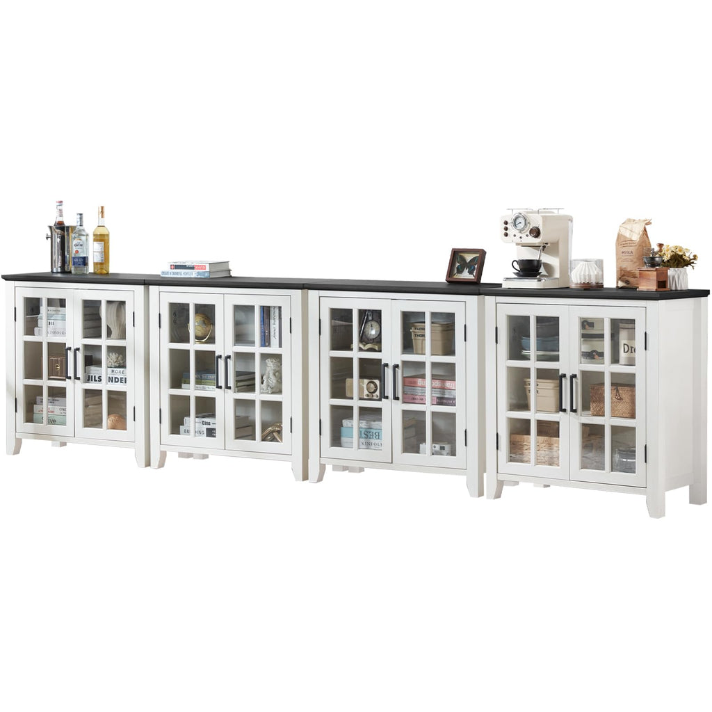 White sideboard cabinet with four glass doors and built-in cubby storage