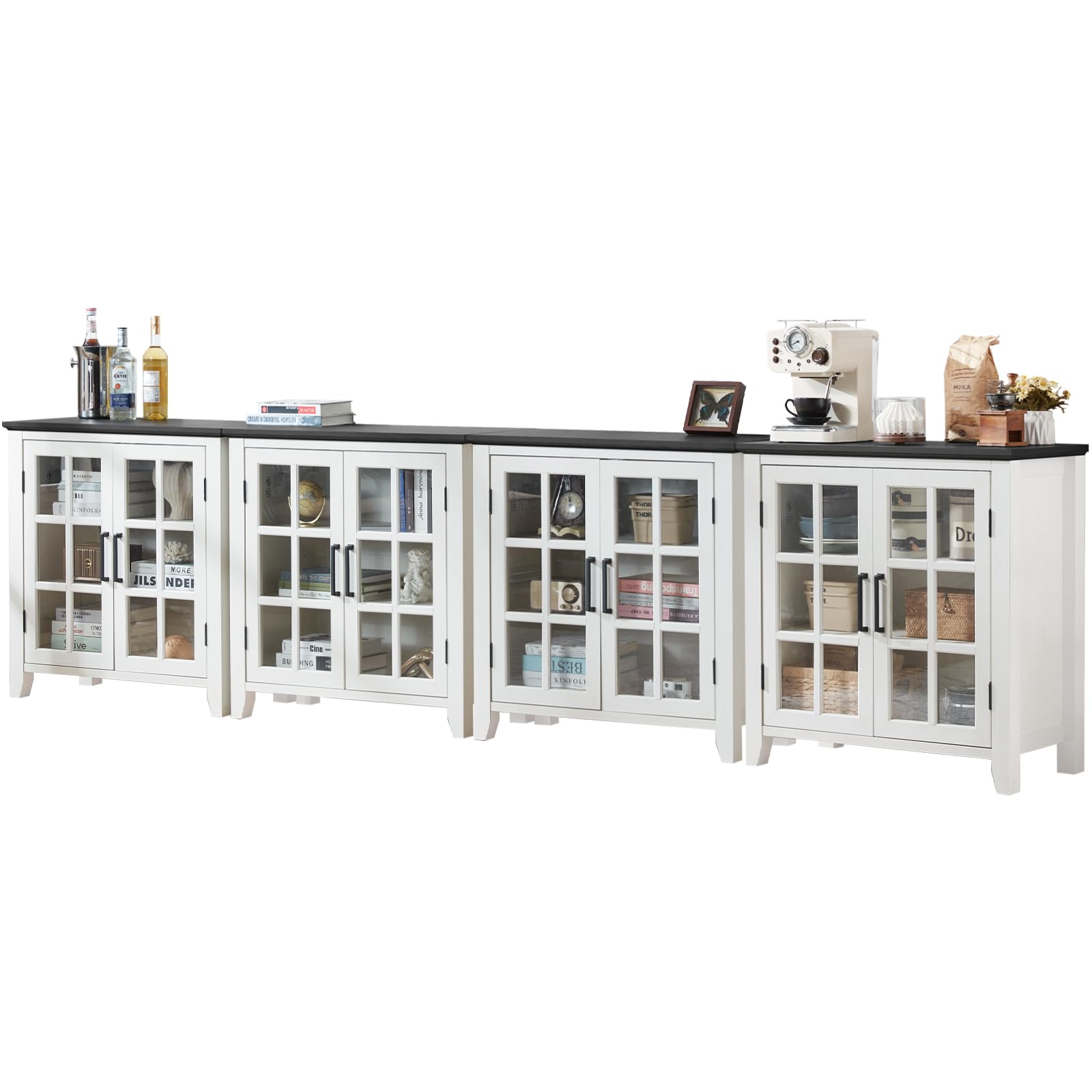 White sideboard cabinet with glass doors and framed panels along the doors.
