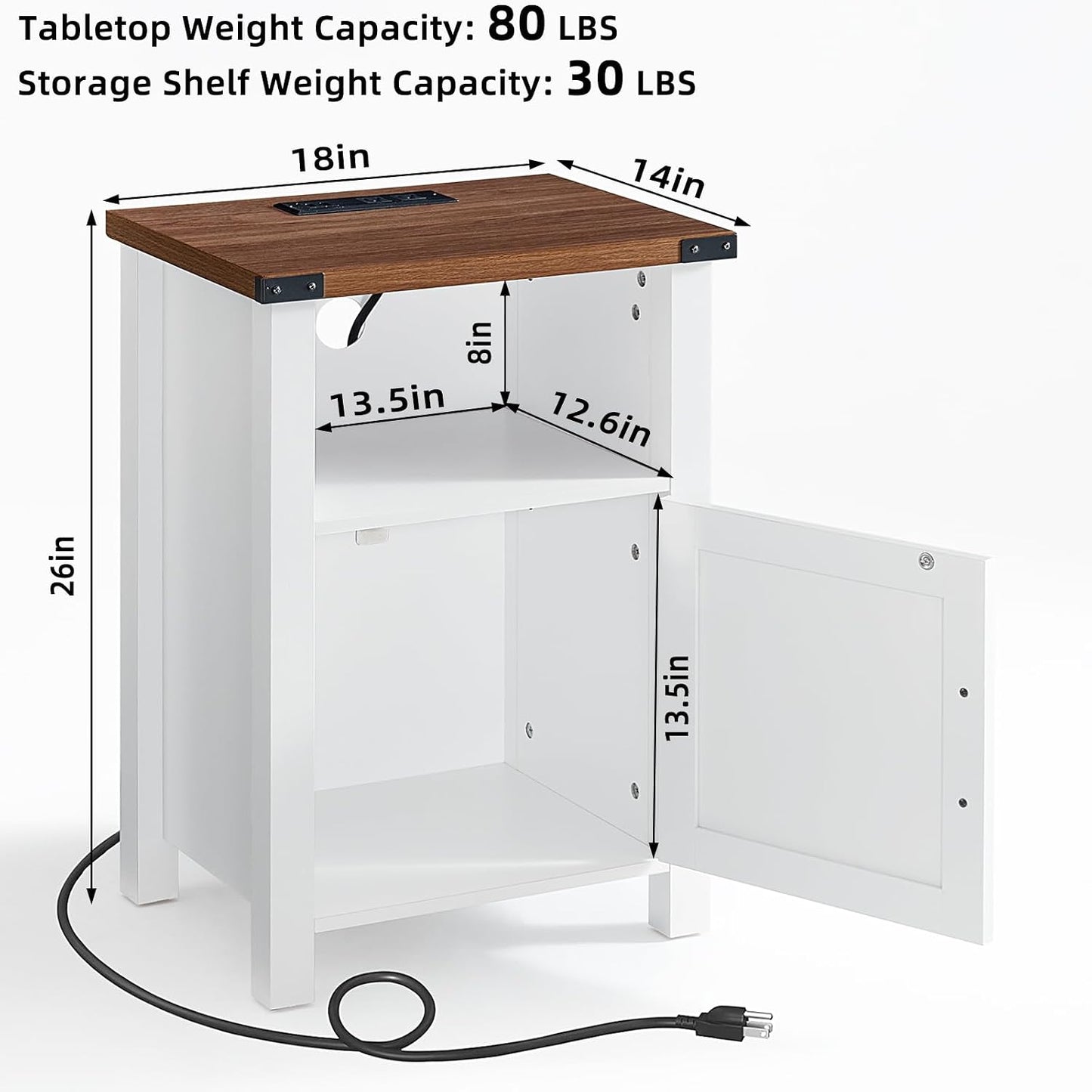 Joaxswe 18-Inch Nightstand with Charging Station and Fluted Door,Dark Blue | 18-inch bedside table with AC and USB charging, open storage and a magnetic fluted door for bedroom essentials