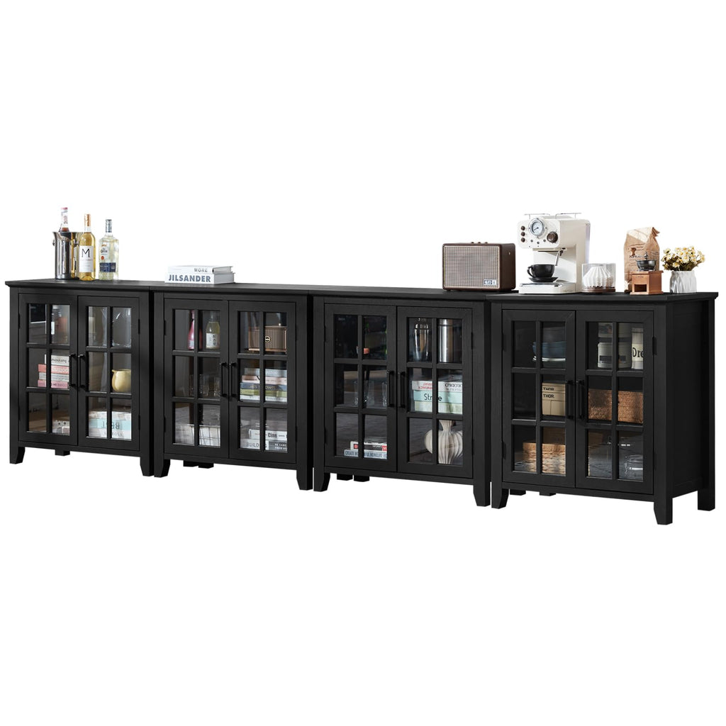 Black sideboard cabinet with glass doors and long countertop for serving.