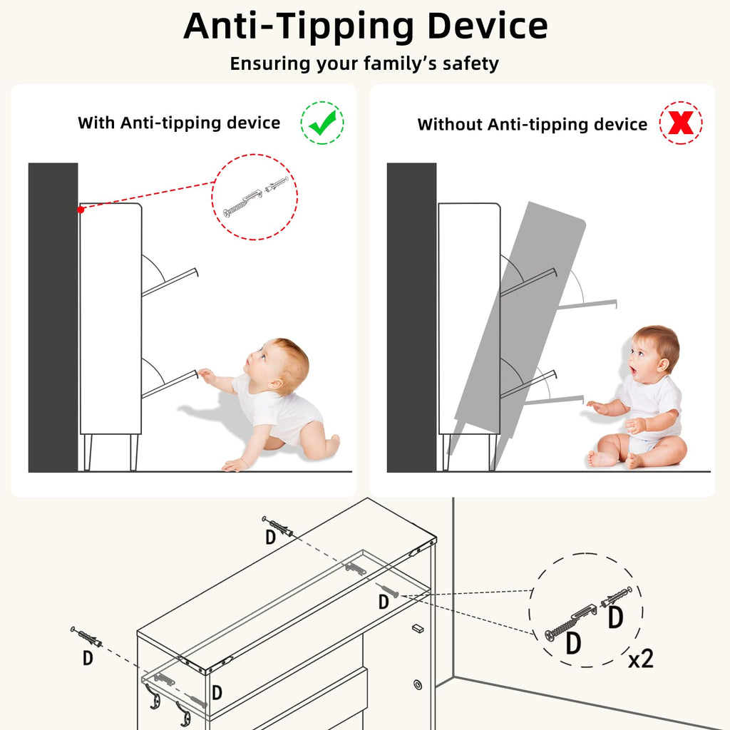 Shoe storage cabinet anti-tipping device diagram with flip drawers and hidden rack