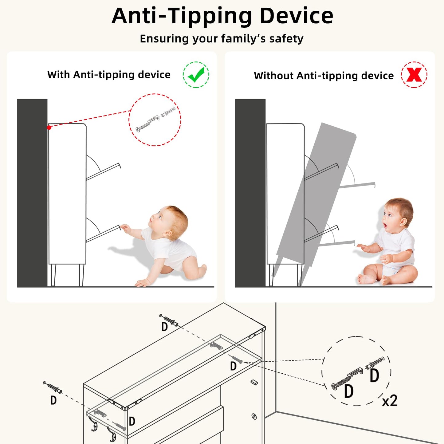 Shoe cabinet anti-tipping device diagram with side support and stability arrows