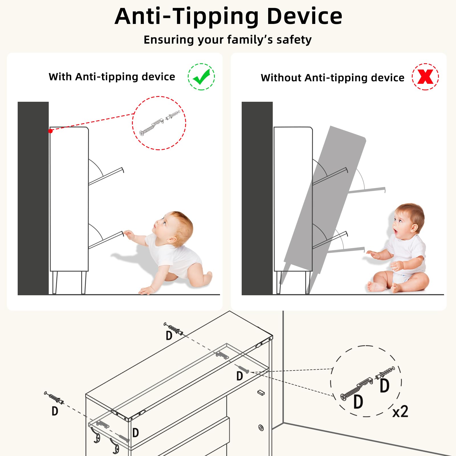 Shoe storage cabinet anti-tipping device diagram with flip drawers and hidden rack