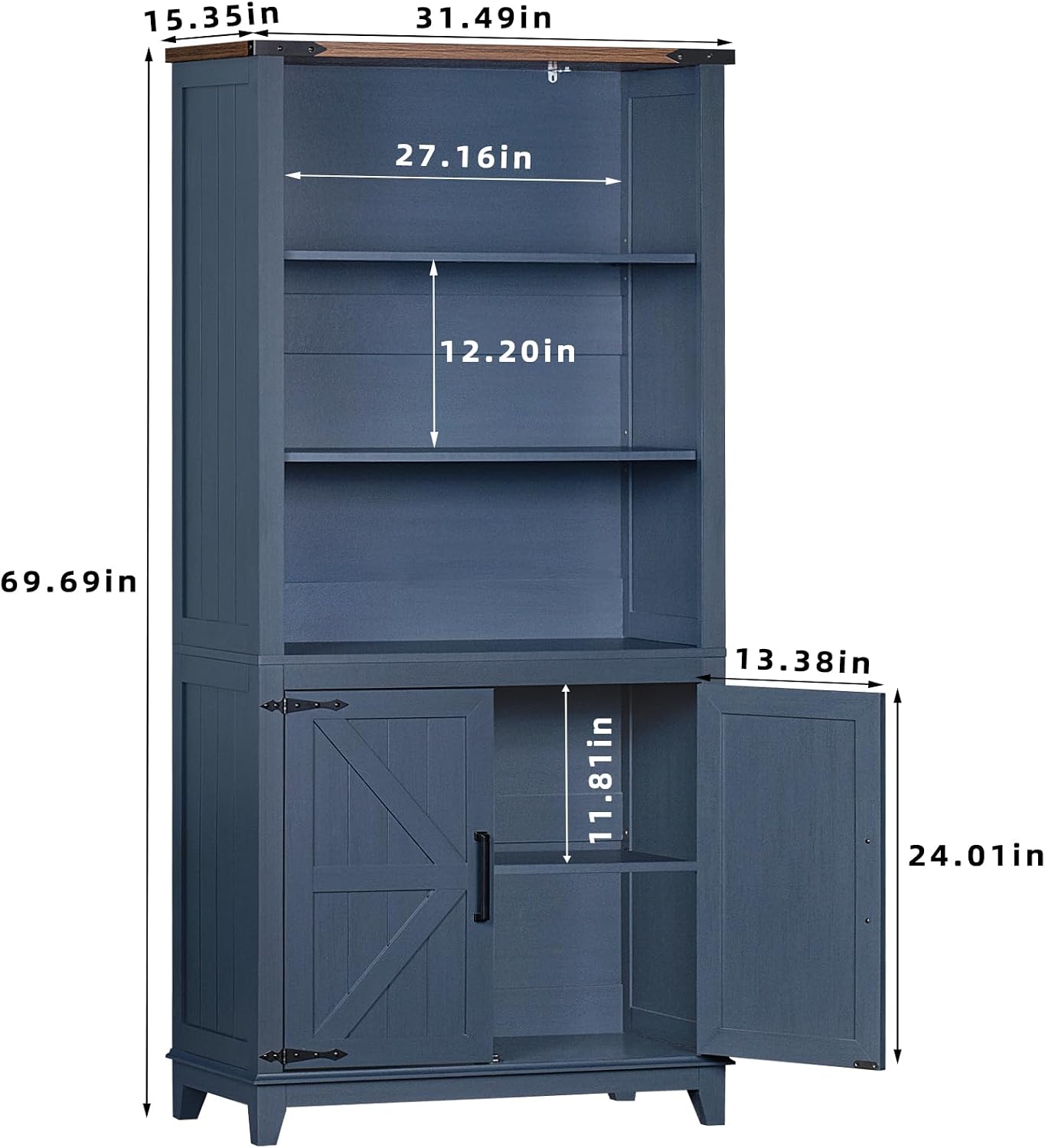 Joaxswe 70in Tall Bookshelf 5 Tier Bookcase with Barn Doors and Adjustable Shelves, Blue Farmhouse Book Shelf with Storage Cabinet, Wood Freestanding Display Bookshelves for Bedroom, Living Room