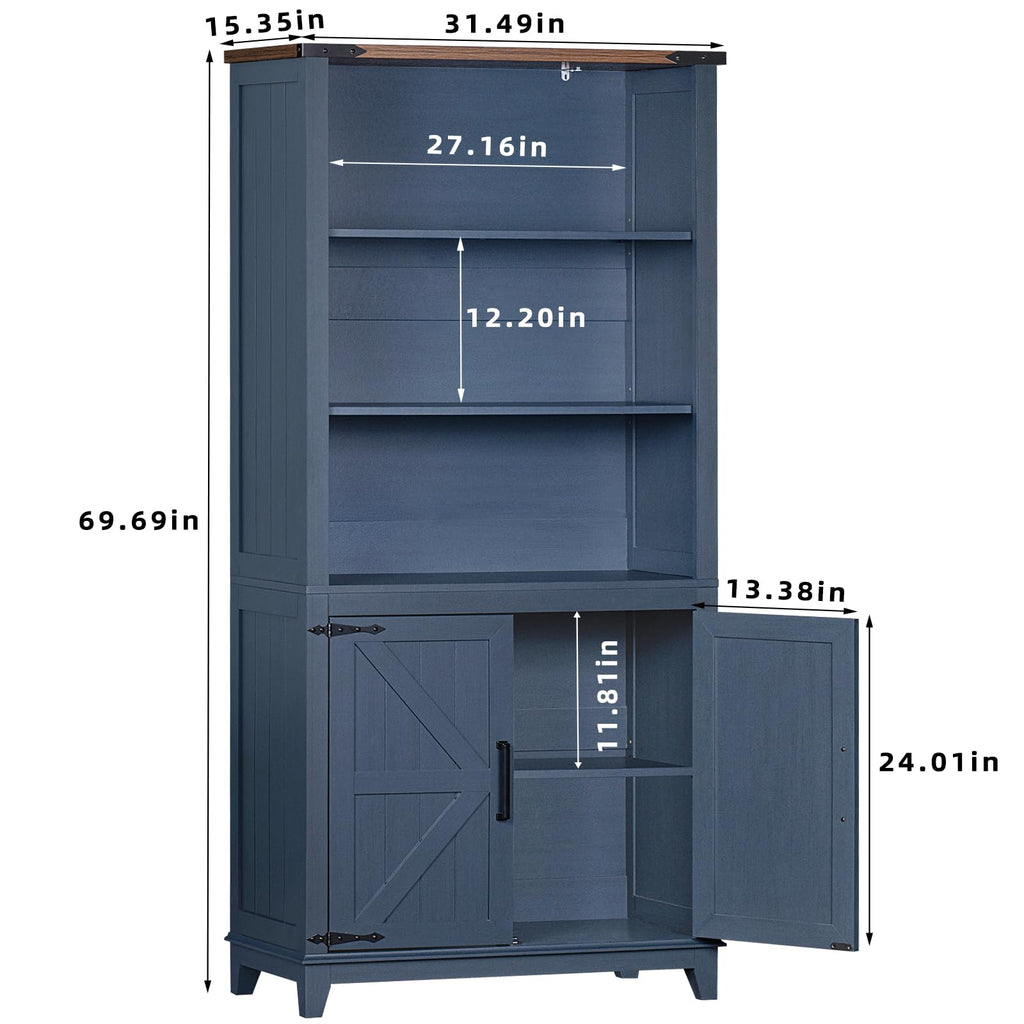 70in Tall Bookshelf 5 Tier Bookcase with Barn Doors and Adjustable Shelves, Blue Farmhouse Book Shelf with Storage Cabinet, Wood Freestanding Display Bookshelves for Bedroom, Living Room | Bookcase, Barn Doors, Adjustable Shelves, Book Shelf, Storage Cabi