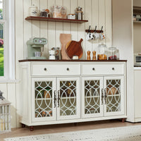 White sideboard cabinet with multiple drawers and arched glass door panels