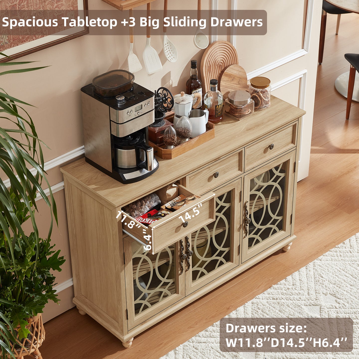 Light wood farmhouse sideboard buffet cabinet with drawers and glass-door storage