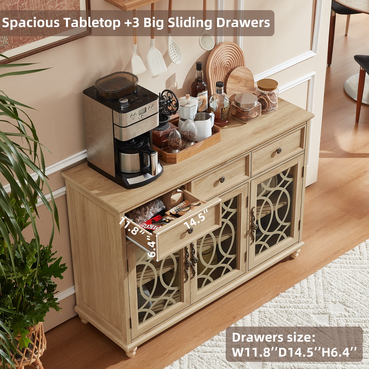 Light wood farmhouse sideboard buffet cabinet with drawers and glass-door storage