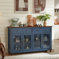 Blue farmhouse sideboard buffet cabinet with glass-door storage and drawers