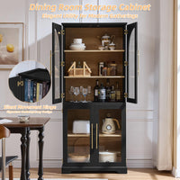 Freestanding storage cabinet with open shelves and doors, black frame