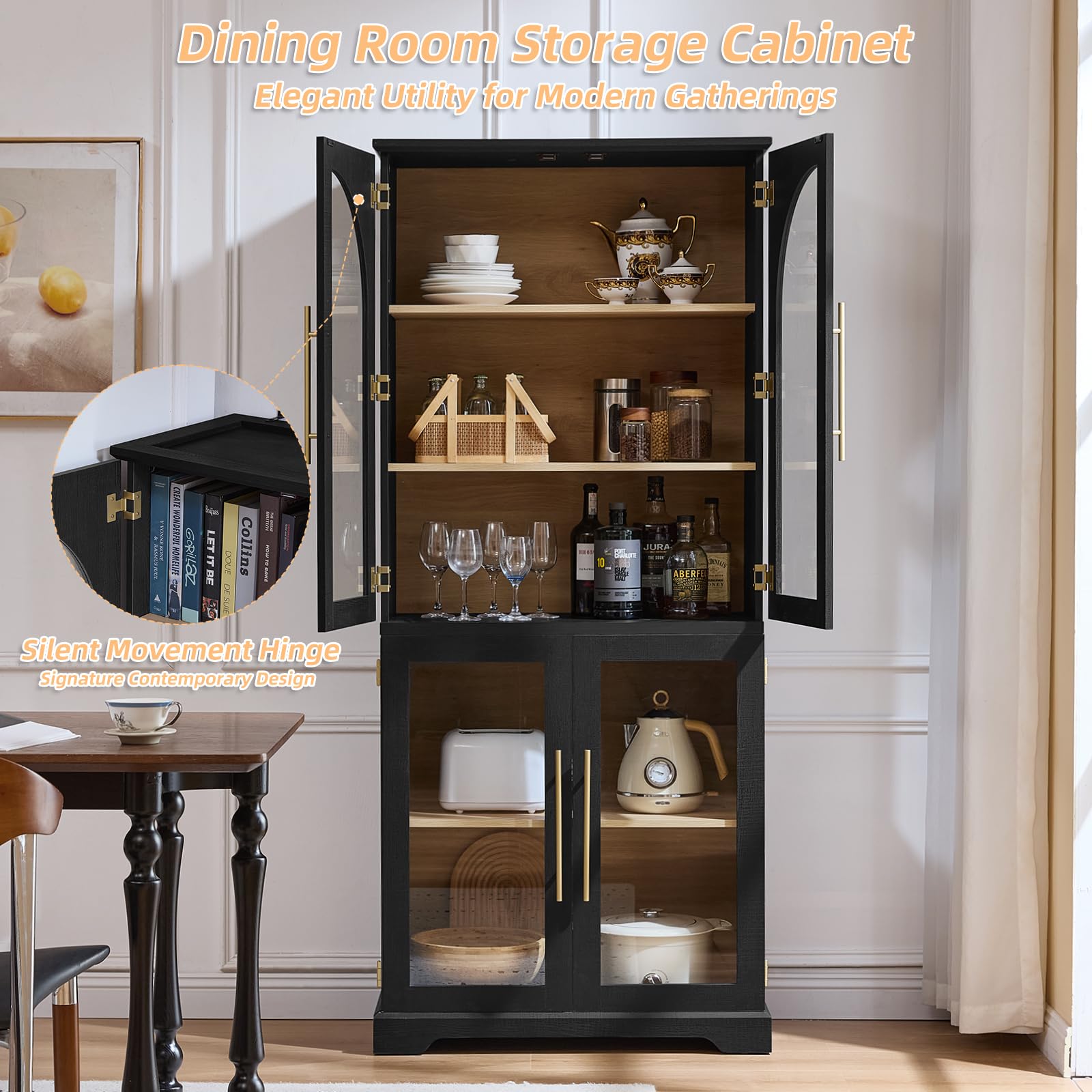 Freestanding storage cabinet with open shelves and doors, black frame