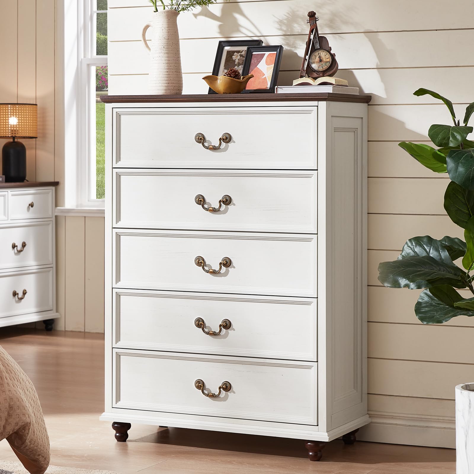 Farmhouse 5 Drawer Dresser for Bedroom, 45" Tall Rustic Chests of Drawers w/ 4 Solid Wood Feet, Mid Century Modern Wooden Closet Storage Dressers Organizer for Living Room, Hallway, Navy Blue